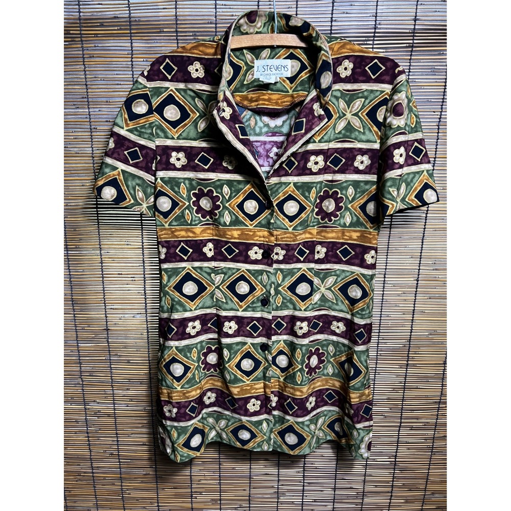 J. Stevens Carol Escritor Vintage Geometric Floral Button Up Shirt Size 10